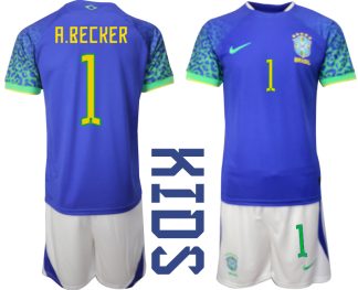 A.BECKER #1 Brasilien Bortatröja Barn FIFA VM 2022 Qatar Kortärmad + Korta byxor