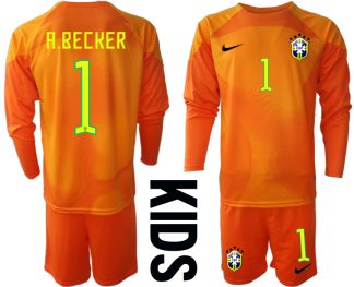 A.BECKER #1 Brasilien Målvaktströja Barn FIFA VM 2022 Qatar orange Långärmad + Korta byxor