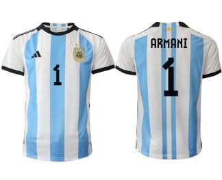 Argentina ARMANI #1 Hemmatröja FIFA World Cup Qatar 2022 Herr Fotbollströjor Vit blå Kortärmad