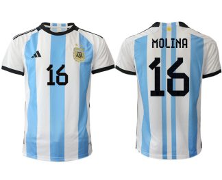 Argentina MOLINA #16 Hemmatröja FIFA World Cup Qatar 2022 Herr Fotbollströjor Vit blå Kortärmad