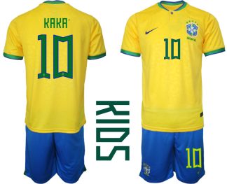 Brasilien Hemmatröja Barn FIFA VM 2022 Qatar Kortärmad + Korta byxor med namn KAKA’10