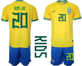 Brasilien Hemmatröja Barn FIFA VM 2022 Qatar Kortärmad + Korta byxor med namn VINI JR.20