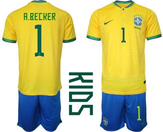 Brasilien Hemmatröja Barn VM 2022 Qatar Kortärmad + Korta byxor med namn A.BECKER 1