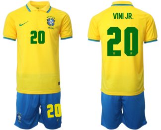 Brasilien Herr Hemmatröja VM 2022 Kortärmad + Korta byxor Fotbollströja med namn VINI JR.20