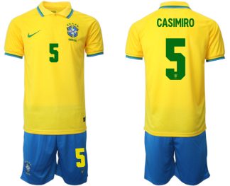 Brasilien Herr Hemmatröja VM 2022 Kortärmad + Korta byxor med namn CASIMIRO 5