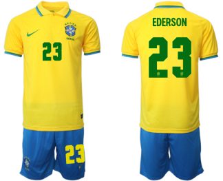 Brasilien Herr Hemmatröja VM 2022 Kortärmad + Korta byxor med namn EDERSON 23