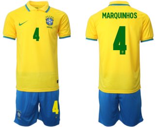 Brasilien Herr Hemmatröja VM 2022 Kortärmad + Korta byxor med namn MARQUINHOS 4