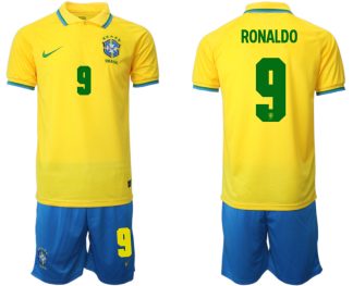 Brasilien Herr Hemmatröja VM 2022 Kortärmad + Korta byxor med namn RONALDO 9