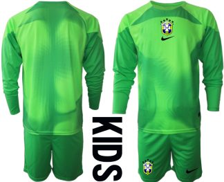 Brasilien Målvaktströja Barn FIFA VM 2022 Qatar grön Långärmad + Korta byxor