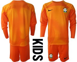 Brasilien Målvaktströja Barn FIFA VM 2022 Qatar orange Långärmad + Korta byxor