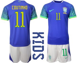 COUTINHO #11 Brasilien Bortatröja Barn FIFA VM 2022 Qatar Kortärmad + Korta byxor
