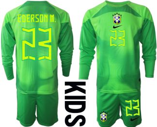 EDERSON M.#23 Brasilien Målvaktströja Barn FIFA VM 2022 Qatar grön Långärmad + Korta byxor