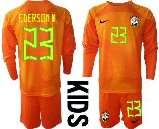 EDERSON M.#23 Brasilien Målvaktströja Barn FIFA VM 2022 Qatar orange Långärmad + Korta byxor