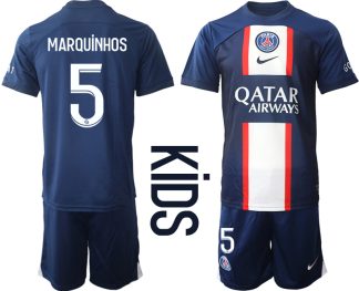 Nya Paris Saint-Germain MARQUiNHOS #5 Hemmatröja Barn 2022-23 Kortärmad (+ Korta byxor)