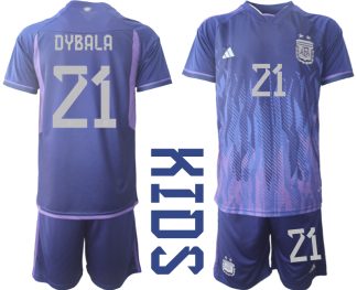 DYBALA #21 Argentina Bortatröja FIFA World Cup Qatar 2022 Barn purpurfärgad Kortärmad + Korta byxor