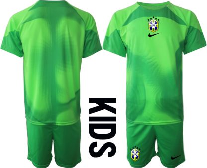 Nya Brasilien Målvaktströja Barn FIFA VM 2022 Qatar grön Kortärmad + Korta byxor