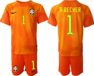 Brasilien Målvakt Hemmatröja Herr VM 2022 Orange Kortärmad + Korta byxor med tryck A.BECKER 1