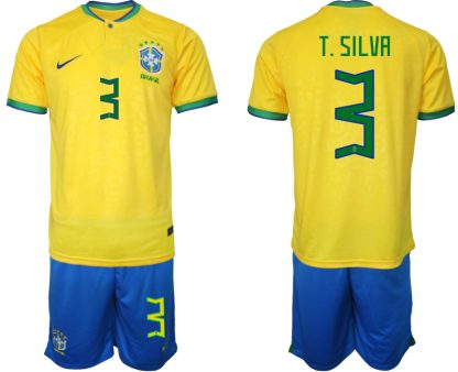 T.SILVA #3 Brasilien Hemmatröja Herr VM 2022 Kortärmad + Korta byxor