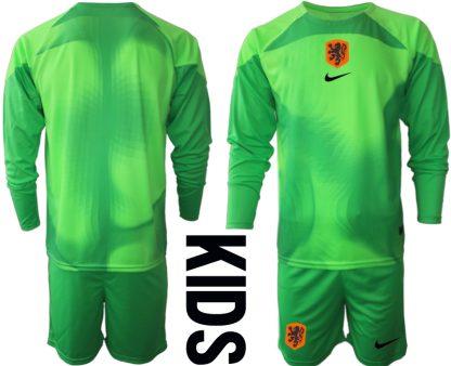 Beställa Fotbollströjor Nederländerna Barn Målvaktströja 2023 grön Långärmad + Korta byxor