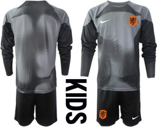 Billiga Fotbollströjor Nederländerna Barn Målvaktströja 2023 svart Långärmad + Korta byxor