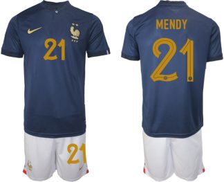 Frankrike Hemmatröja VM 2022 Herr Kortärmad Fotbollströja Set med namn MENDY 21