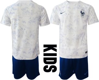 Nya Frankrike Bortatröja Barn VM 2022 Tracksuit Kortärmad + Korta byxor