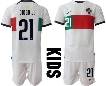 DIOGO J.#21 Beställa Fotbollströjor Portugal Bortatröja Barn VM 2022 Kortärmad + Korta byxor