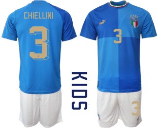 Italien Hemmatröja 2023 Barn Fotbollströjor Kortärmad + Korta byxor med tryck CHIELLINI 3