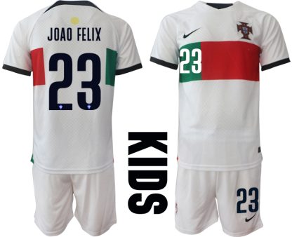 JOAO FELIX #23 Billiga Fotbollströjor Portugal Bortatröja Barn VM 2022 Kortärmad + Korta byxor