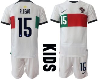 R.LEAO #15 Beställa Fotbollströjor Portugal Bortatröja Barn VM 2022 Kortärmad + Korta byxor