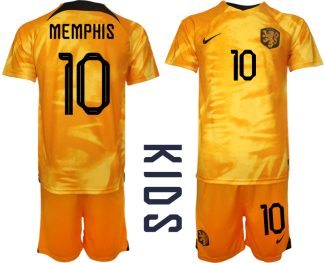 Billiga Nederländerna Hemmatröja VM 2022 Fotbollströjor barn med tryck MEMPHIS 10